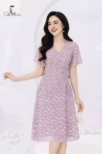 Pink Floral Pattern Chiffon V Neck Flared Midi Dress_CI135.7_ Citi Mode Brand_ชุดเดรสคอวีผ้าชีฟองลายดอกไม้สีชมพู