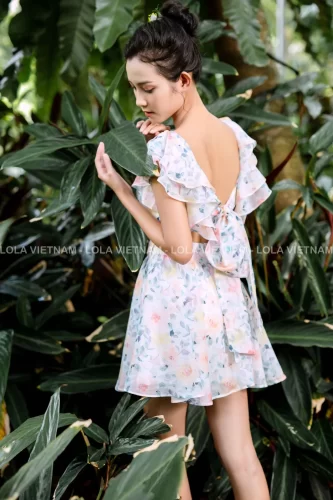 Square Neck Floral Pattern Flared Pleated Mini Dress_LO76.18_LOLA Brand_เดรสผูกดอกไม้