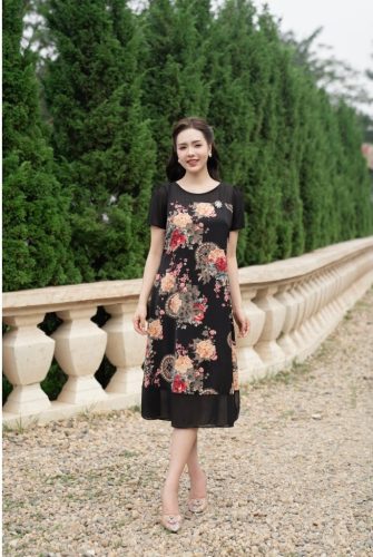 Crew Neck Floral Pattern Midi Dress_AV-84_Amalady Brand