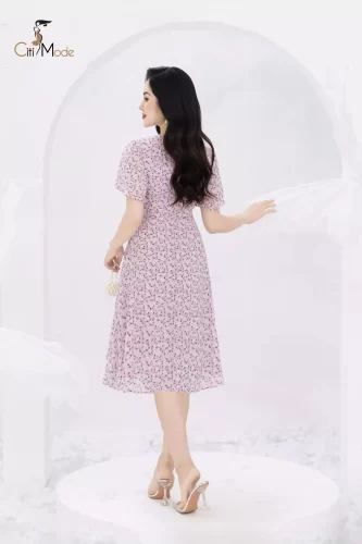 Pink Floral Pattern Chiffon V Neck Flared Midi Dress_CI135.7_ Citi Mode Brand_ชุดเดรสคอวีผ้าชีฟองลายดอกไม้สีชมพู