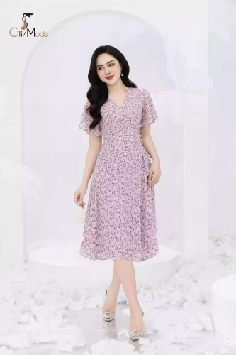 Pink Floral Pattern Chiffon V Neck Flared Midi Dress_CI135.7_ Citi Mode Brand_ชุดเดรสคอวีผ้าชีฟองลายดอกไม้สีชมพู