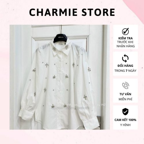 Beaded Puff Sleeve Shirt_CH67.1_Charmie Brand_เสื้อเชิ้ตเนื้อหยาบ ประดับพลอยเทียม แขนนุ่มไร้รอยยับ