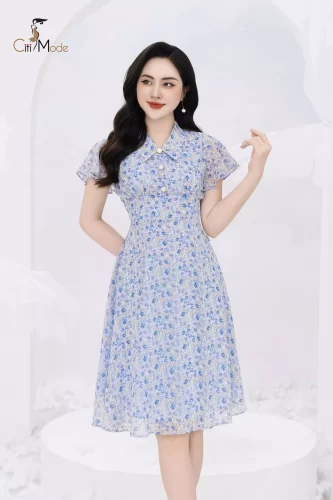 Blue Floral Pattern Polo Neck Flared House Dress Tie Button_CI135.9_ Citi Mode Brand_ชุดเดรสลายดอกไม้สีฟ้าคอปกติดกระดุม