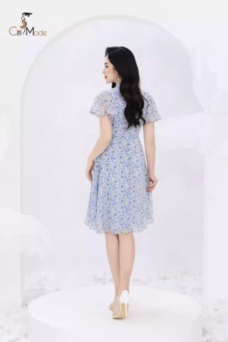 Blue Floral Pattern Polo Neck Flared House Dress Tie Button_CI135.9_ Citi Mode Brand_ชุดเดรสลายดอกไม้สีฟ้าคอปกติดกระดุม