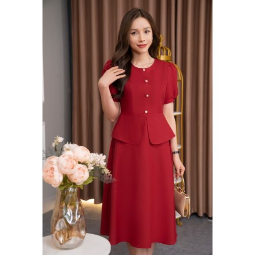 Puff Sleeve Crew Neck Flared Midi Dress_AV-37_Amalady Brand