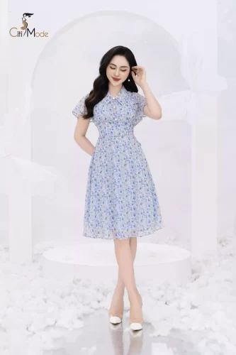 Blue Floral Pattern Polo Neck Flared House Dress Tie Button_CI135.9_ Citi Mode Brand_ชุดเดรสลายดอกไม้สีฟ้าคอปกติดกระดุม