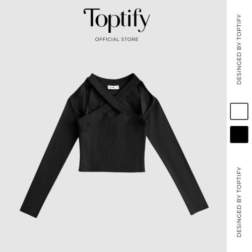 Santorini Long Sleeve Croptop_AC21_TOPTIFY Brand_เสื้อครอปแขนยาวผู้หญิงพร้อมสายปาดไหล่และเสื้อคอปก Santorini ขนาดใหญ่