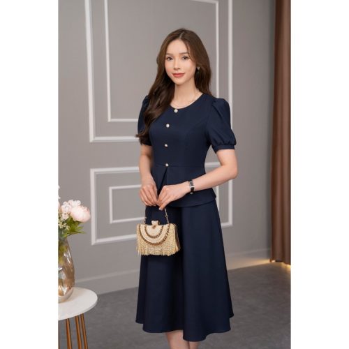 Puff Sleeve Crew Neck Flared Midi Dress_AV-37_Amalady Brand