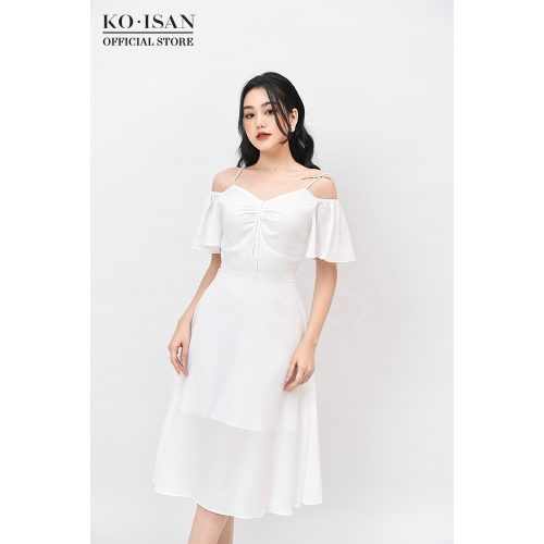 Off The Shoulder Flared Midi A Line Dress_21056603_KOISAN Brand_ชุดเดรสเปิดไหล่สองชิ้นที่ดูเป็นผู้หญิงและหรูหราพร้อมดีเทลโบว์บาน