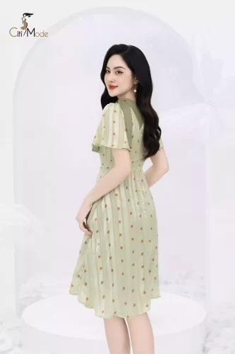 Red Polka Dots Silk Flared Green Midi Dress_CI135.12_ Citi Mode Brand_ชุดเดรสผ้าไหมสีน้ำเงินลายจุดสีแดง