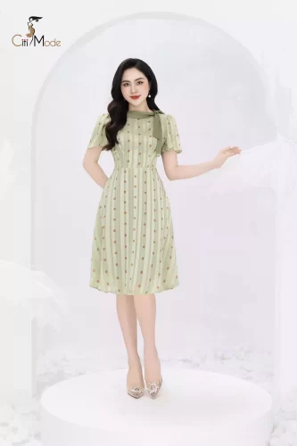 Red Polka Dots Silk Flared Green Midi Dress_CI135.12_ Citi Mode Brand_ชุดเดรสผ้าไหมสีน้ำเงินลายจุดสีแดง