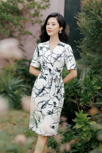 Floral Pattern Tie Bow Midi Dress_IV115.5_IVY MODA Brand_ชุดเดรสลายผูกโบว์