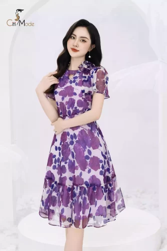 Purple Floral Pattern Flared Midi Dress_CI135.14_ Citi Mode Brand_ชุดเดรสลายดอกไม้สีม่วงประดับด้วยดอกไม้