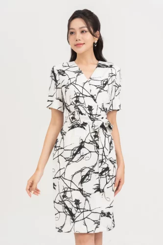 Floral Pattern Tie Bow Midi Dress_IV115.5_IVY MODA Brand_ชุดเดรสลายผูกโบว์