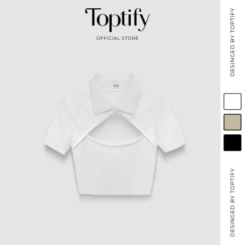 Perterpan Short Sleeve Croptop Tie Button_AC181_TOPTIFY Brand _เสื้อครอปแขนสั้นผู้หญิง Perterpan Top มีคัตเอาท์ที่หน้าอกและคอปกติดกระดุม