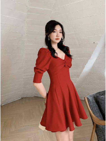 Red Flared Mini Dress_FL131.10_FLANE Brand_ชุดเดรสจับจีบสีแดงเก๋ไก๋พร้อมดีไซน์บาน