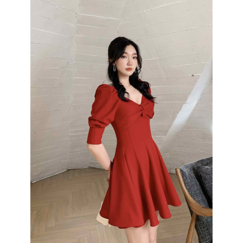 Red Flared Mini Dress_FL131.10_FLANE Brand_ชุดเดรสจับจีบสีแดงเก๋ไก๋พร้อมดีไซน์บาน