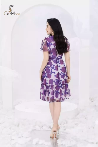 Purple Floral Pattern Flared Midi Dress_CI135.14_ Citi Mode Brand_ชุดเดรสลายดอกไม้สีม่วงประดับด้วยดอกไม้