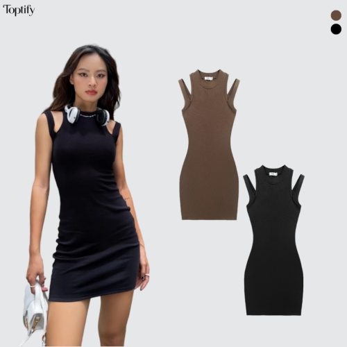 Shirley Elastic Short Body Dress_DT28_TOPTIFY Brand _ชุดเดรสเข้ารูปพร้อมแขนรักแร้รัดรูปและสายสะพายไหล่ยืดได้