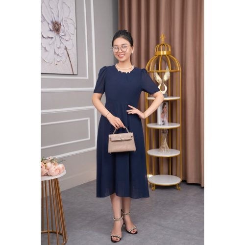 Short Sleeve Crew Neck Flared Midi Dress_AV-35_Amalady Brand