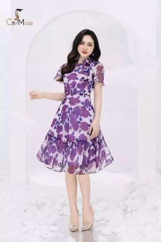 Purple Floral Pattern Flared Midi Dress_CI135.14_ Citi Mode Brand_ชุดเดรสลายดอกไม้สีม่วงประดับด้วยดอกไม้