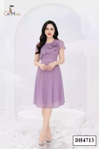 Purple Silk Flared Midi Dress With Ruffle_CI135.16_ Citi Mode Brand_ชุดเดรสลายดอกไม้สีม่วงประดับด้วยดอกไม้