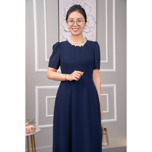 Short Sleeve Crew Neck Flared Midi Dress_AV-35_Amalady Brand