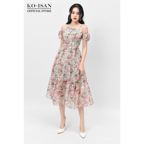 Floral Pattern Chiffon Puff Sleeve Off The Shoulder Midi Dress_21056503_KOISAN Brand_ชุดเดรสชายหาดทูพีชลายดอกไม้เล็กๆ แขนพอง ทำจากผ้าชีฟองลายดอกไม้เล็กๆ