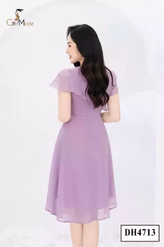 Purple Silk Flared Midi Dress With Ruffle_CI135.16_ Citi Mode Brand_ชุดเดรสลายดอกไม้สีม่วงประดับด้วยดอกไม้