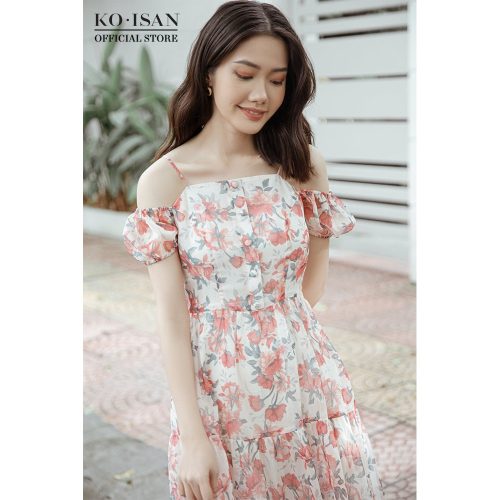 Floral Pattern Chiffon Puff Sleeve Off The Shoulder Midi Dress_21056503_KOISAN Brand_ชุดเดรสชายหาดทูพีชลายดอกไม้เล็กๆ แขนพอง ทำจากผ้าชีฟองลายดอกไม้เล็กๆ