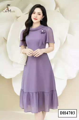 Purple Chiffon Flared Midi Dress With Bow_CI135.18_ Citi Mode Brand_ชุดเดรสผ้าชีฟองสีม่วงคอปกผูกโบว์