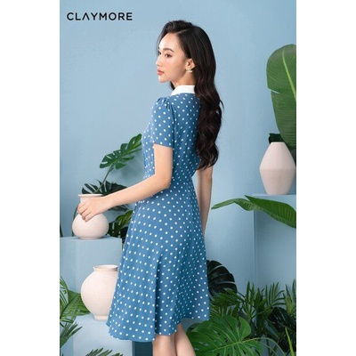 Polka Dots Midi Dress_C0321S06197LV_Claymore Fashion Brand_Đầm chấm bi phối cổ