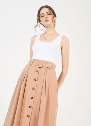 Nude Midi Skirt_MI100.14_Miki Classic Brand_ชุดเดรส Midi ปุ่มปุ่มเปลือย