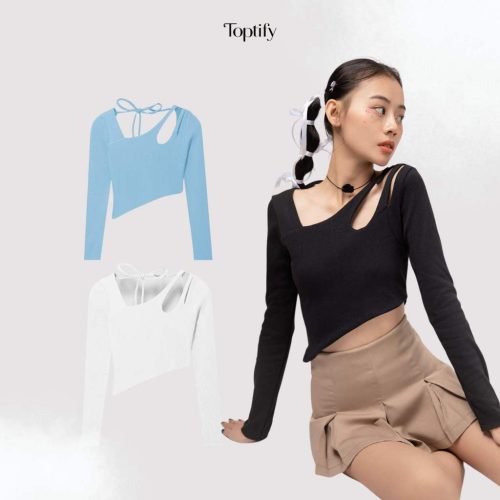 Stepping Out Form Fit Long Sleeve Croptop_AC19_TOPTIFY Brand _TOPTIFY เสื้อครอปแขนยาวผู้หญิง 2 ชั้นพร้อมสายสะพายไหล่และ Stepping Out Top แบบผูกด้านหลัง