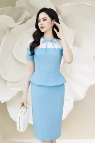 Blue Peplum Dress With White Lace_CI135.19_ Citi Mode Brand_เดรสคลุมท้องสีน้ำเงิน แต่งลูกไม้หน้าอกสีขาว