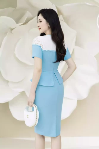 Blue Peplum Dress With White Lace_CI135.19_ Citi Mode Brand_เดรสคลุมท้องสีน้ำเงิน แต่งลูกไม้หน้าอกสีขาว