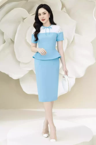 Blue Peplum Dress With White Lace_CI135.19_ Citi Mode Brand_เดรสคลุมท้องสีน้ำเงิน แต่งลูกไม้หน้าอกสีขาว