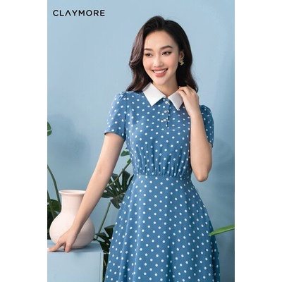 Polka Dots Midi Dress_C0321S06197LV_Claymore Fashion Brand_Đầm chấm bi phối cổ