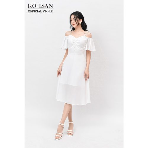 Off The Shoulder Flared Midi A Line Dress_21056603_KOISAN Brand_ชุดเดรสเปิดไหล่สองชิ้นที่ดูเป็นผู้หญิงและหรูหราพร้อมดีเทลโบว์บาน