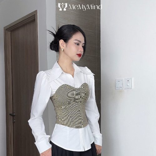 Checkered Puff Sleeve Shirt With Corset_SM28_Memymind Brand_เซตเสื้อแขนพัฟผสมผสานกับคอร์เซ็ทลายสก็อต