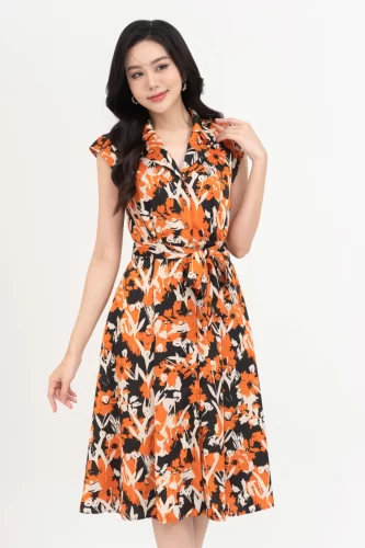 Floral Pattern Flared Midi Dress_IV115.16_IVY MODA Brand_เดรสแขนกุดลาย