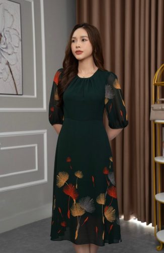 Half Sleeve Floral Pattern Flared Midi Dress_AV-70_Amalady Brand