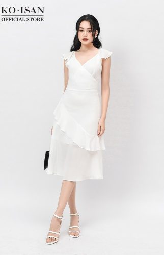 White Flared Midi Wraparound Dress_21056504_KOISAN Brand_ชุดเดรสสีขาวดีไซน์บานแนวทแยง