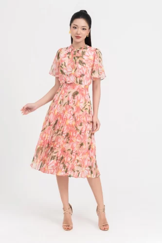 Floral Pattern Pleated Midi Dress_IV115.2_IVY MODA Brand_เดรสพลีทลายดอกไม้