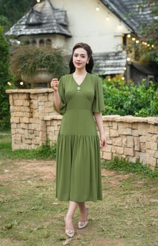 V Neck Half Sleeve Flared Mixi Dress_AV-95_Amalady Brand