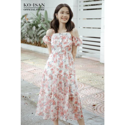 Floral Pattern Chiffon Puff Sleeve Off The Shoulder Midi Dress_21056503_KOISAN Brand_ชุดเดรสชายหาดทูพีชลายดอกไม้เล็กๆ แขนพอง ทำจากผ้าชีฟองลายดอกไม้เล็กๆ