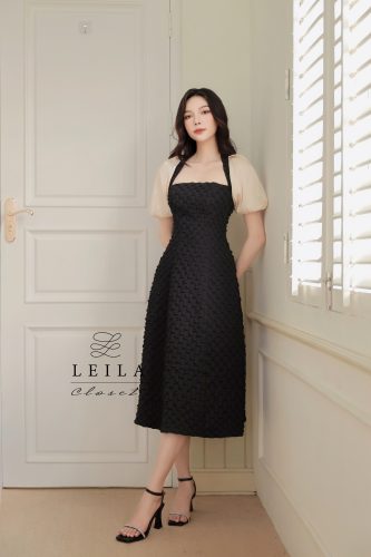 Jenny Puff Sleeve Tie Waist Long A Line Dress_LE14.8_Leila Closet Brand