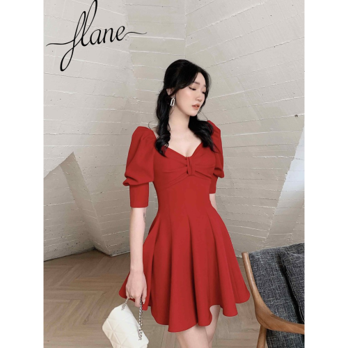 Red Flared Mini Dress_FL131.10_FLANE Brand_ชุดเดรสจับจีบสีแดงเก๋ไก๋พร้อมดีไซน์บาน