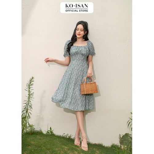 Vintage Floral Pattern Puff Sleeve Midi Dress_21056689_KOISAN Brand_เดรสยาวลายดอกไม้วินเทจ ดีไซน์แขนพองแบบผู้หญิง