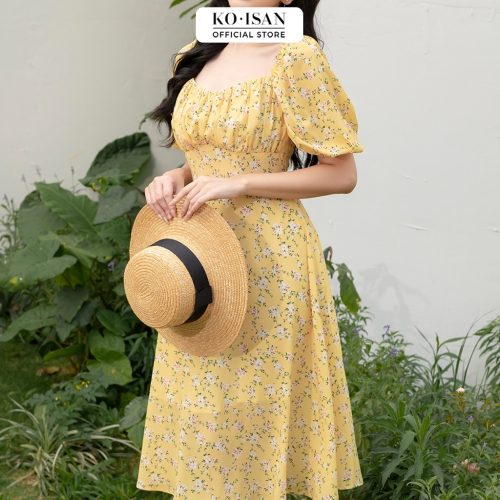 Vintage Floral Pattern Puff Sleeve Midi Dress_21056689_KOISAN Brand_เดรสยาวลายดอกไม้วินเทจ ดีไซน์แขนพองแบบผู้หญิง